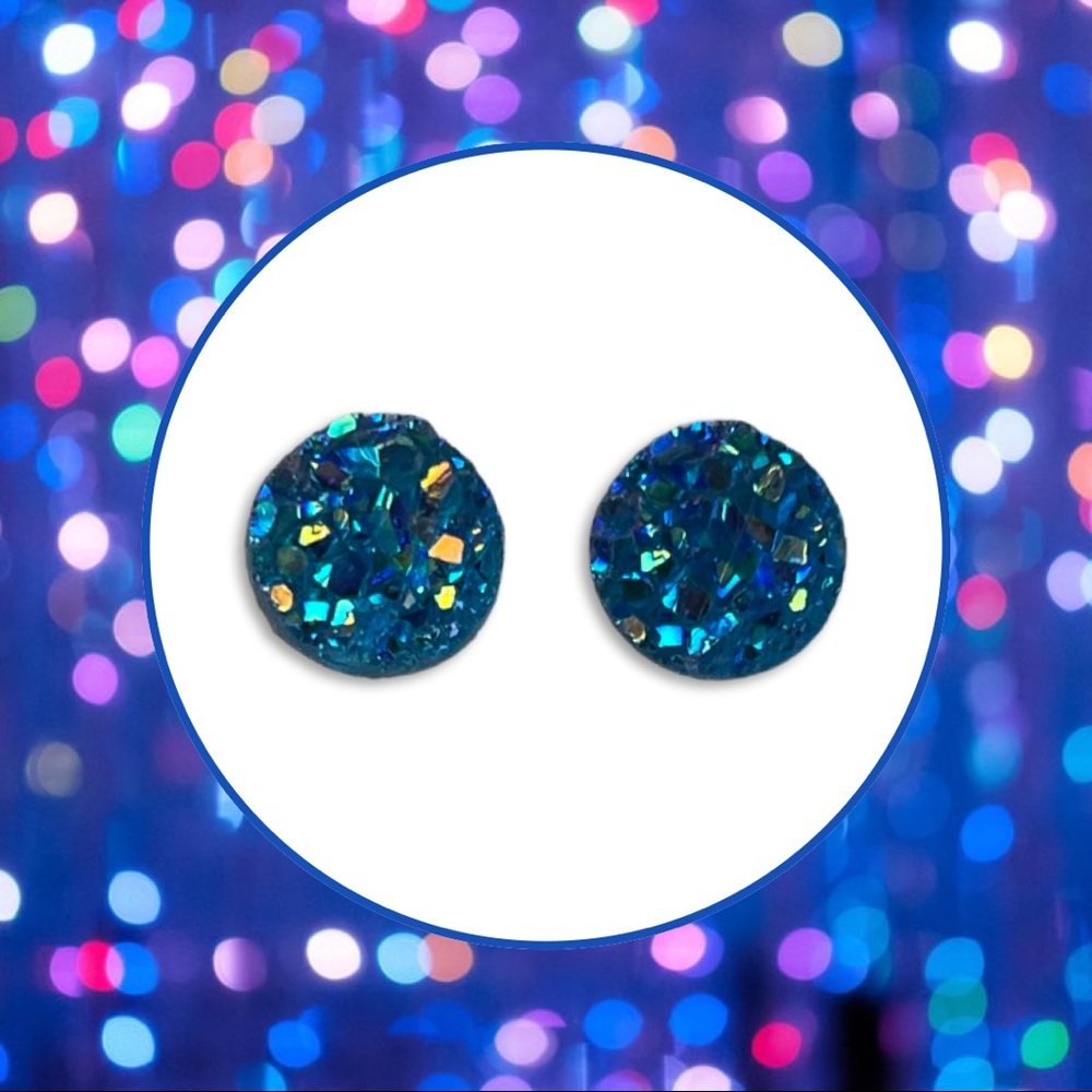 Small Blue Glitter Stud Earrings